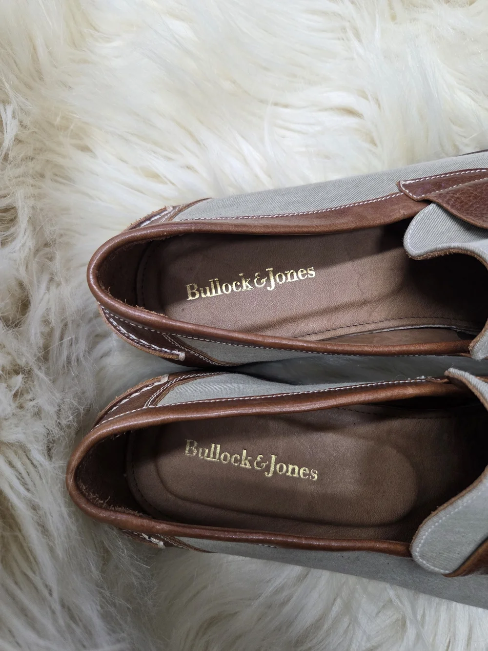 Mens Luxury Bullocks & Jones Gray Canvas & Brown Leather Penny Dress Shoes
